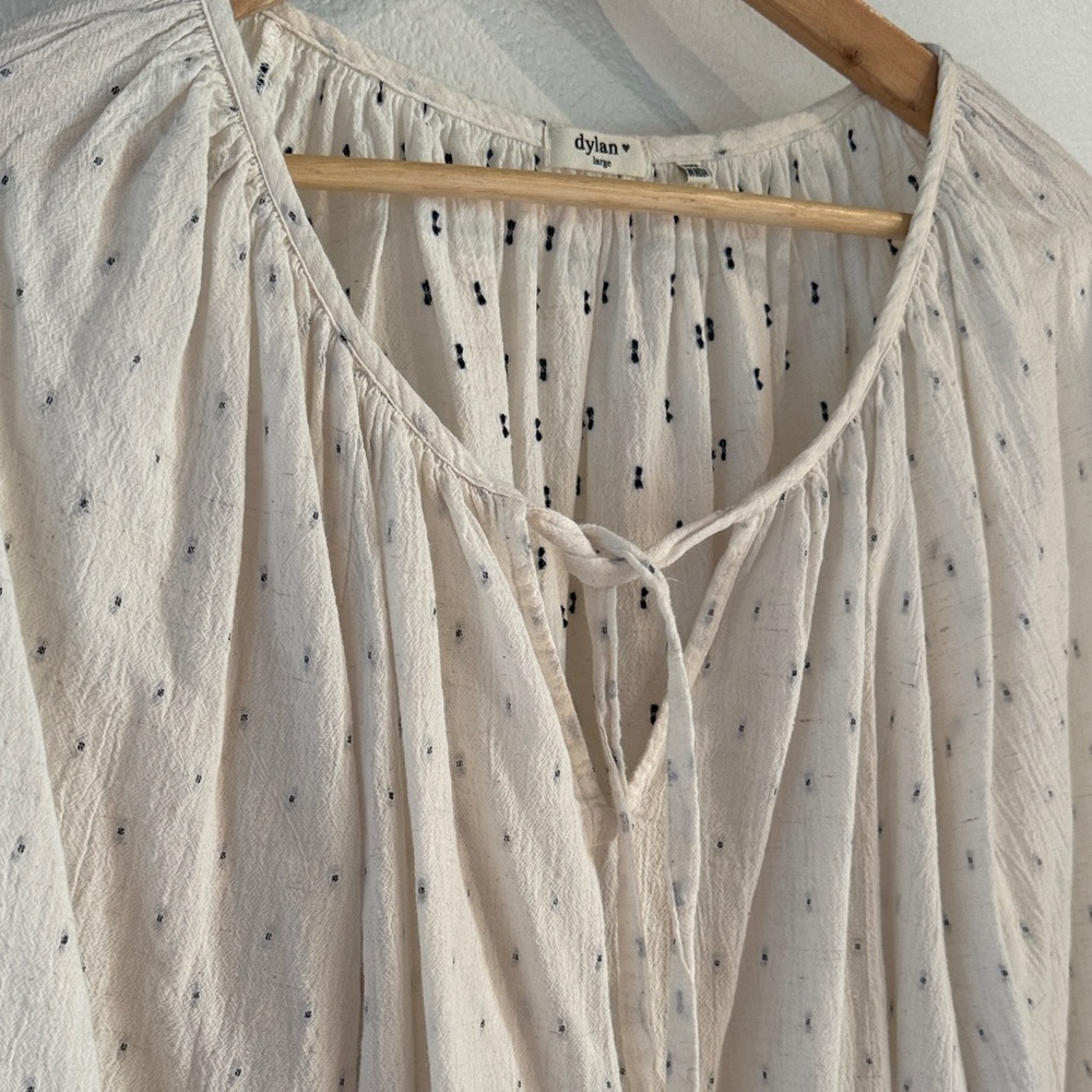 Dylan Boho Pheasant 100% Cotton Tie Neck Cream Blouse, Delicate Dots, Size L - Picture 2 of 11
